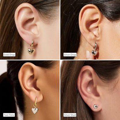 Ana Luisa Puffed Heart Earrings - Heart Charm Huggie Hoops and Earring Stud Styles - Dainty 14K Gold Plated, Silver Rhodium Plated & Mixed Metal Silver & Gold Earrings - Hypoallergenic Water-Resistant - color: Silver Stud