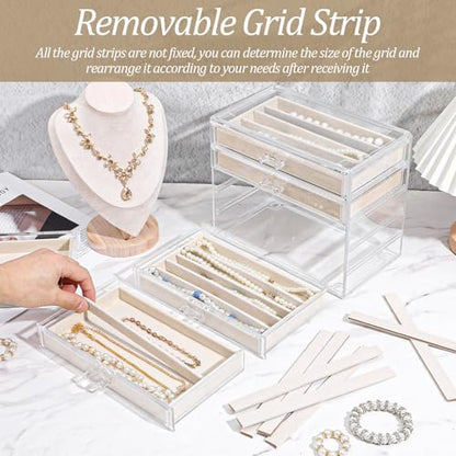 5 Drawer Acrylic Necklace Holder Organizer, Clear Stackable Jewelry Box with Adjustable Velvet Trays for Necklace, Earring, and Ring Storage Display