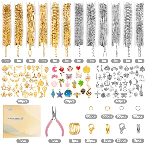 Zefy 18K Gold Silver Chain for Jewelry Making Kit with 380 Pcs Charms | 39.6ft 12 Rolls Stainless Steel Chains Bulk , Jump Rings Lobster Clasps Set for DIY Bracelet Necklace Crafts - size: Large