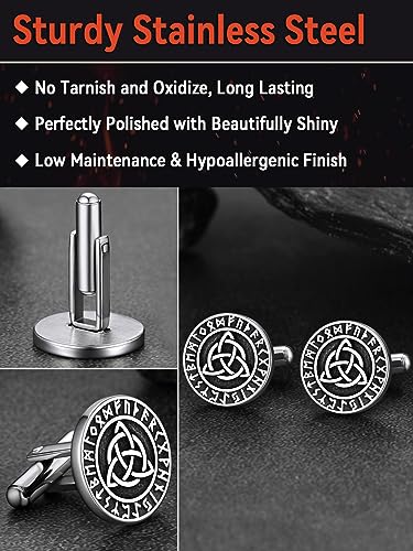 FaithHeart Mens Cufflinks, Norse Viking Tuxedo Shirt Cuff Links, Stainless Steel Cuff Links and Shirt Studs, Gift Box - style: 02. Celtic-Silver