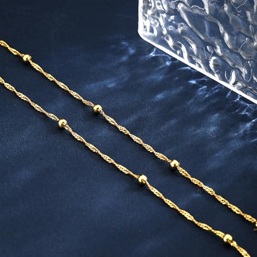 CAROVO Gold Ankle Bracelets for Women Waterproof,14K Gold Plated Bead Leaf Heart Dot Satellite Chain Layered Anklets Non Tarnish Summer Beach Jewelry Gift for Women - style: A: Layerd Bead