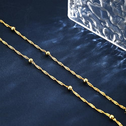 CAROVO Gold Ankle Bracelets for Women Waterproof,14K Gold Plated Bead Leaf Heart Dot Satellite Chain Layered Anklets Non Tarnish Summer Beach Jewelry Gift for Women - style: A: Layerd Bead