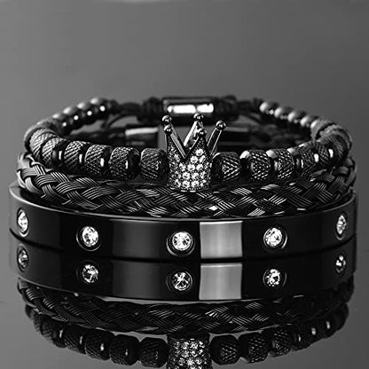 3pcs/set Classical Handmade Braiding Bracelet Hip Hop Men Pave CZ Leopard Head Roman Numeral Bracelet Stainless Steel Jewelry - color: 3pcs K Black
