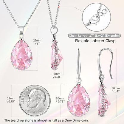 Linawe Crystal Jewelry Sets for Women, Imitation Diamond Pendant Necklace, Rhinestone Drop Dangle Earrings, Birthstone Cubic Zirconia Matching Wedding Jewelry, 14K Gold/Rose Gold/Silver Tones - color: Silver,Pink,Oct