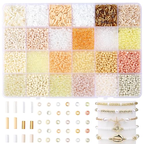 LAIDANLA 7500pcs Beige White Glass Seed Beads Kit for Jewelry Making with 3mm Tiny Bead and 4mm/6mm Bugle Tube Bead 24 Colors Waist Embroidery Beads for Bracelets Necklaces DIY Craft Beading Kit - color: Beige