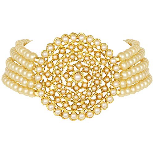 Aheli Pearl Diamond Choker Necklace & Round Earrings Gift for Women Indian Traditional Bollywood Fashion Bharatanatyam jewellery set - color: Cream