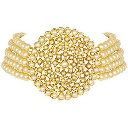 Aheli Pearl Diamond Choker Necklace & Round Earrings Gift for Women Indian Traditional Bollywood Fashion Bharatanatyam jewellery set - color: Cream