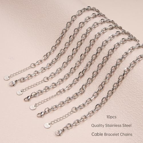UMAOKANG 10 Pack Stainless Steel Bracelet Chain Bulk for Jewelry Making | Silver Chunky Cable Hand Chain Bracelets for Men and Women Charm Permanent Bracelet Kit - color: 10pcs Cable Steel