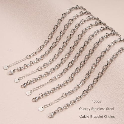 UMAOKANG 10 Pack Stainless Steel Bracelet Chain Bulk for Jewelry Making | Silver Chunky Cable Hand Chain Bracelets for Men and Women Charm Permanent Bracelet Kit - color: 10pcs Cable Steel