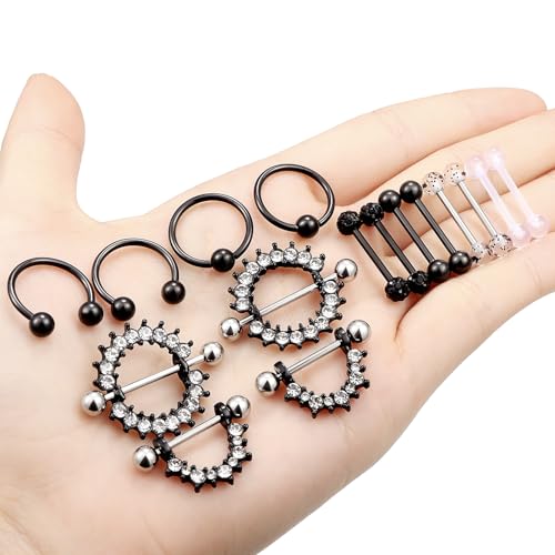 Cisyozi 16G 14G Nipple Piercing Jewelry Tongue Rings Hypoallergenic Surgical Steel Screw Nipple Tongue Shield Ring Barbell Body Piercing Jewelry Retainer for Women 9/16 Inch 14mm - color: G:8Pairs-16g(1.2mm)-Black