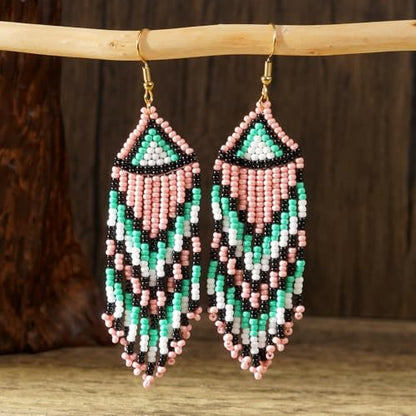 Bohemian Tassel Colorful Beaded Earrings For Women Trendy, Long Fringe Feather Drop Jewelry Handmade Gifts. - color: color5