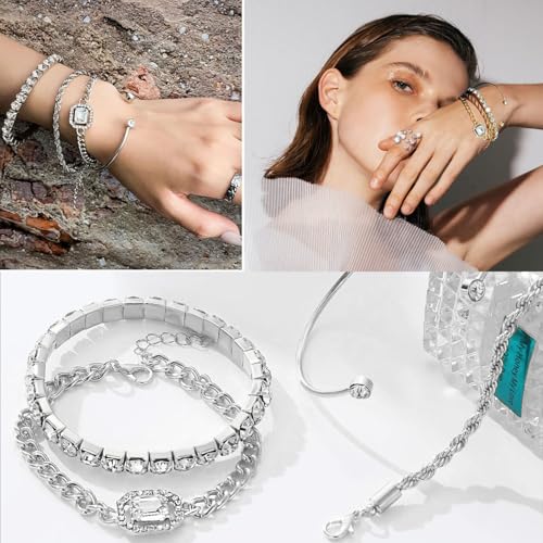 4 Pcs Dainty Gold Silver Bracelets Set for Women 14K Plated Link Cubic Zirconia Paperclip Stake Layering Chain Adjustable Trendy Hand Jewelry - color: Silver