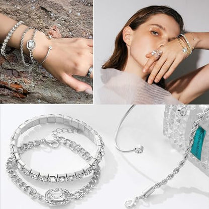 4 Pcs Dainty Gold Silver Bracelets Set for Women 14K Plated Link Cubic Zirconia Paperclip Stake Layering Chain Adjustable Trendy Hand Jewelry - color: Silver