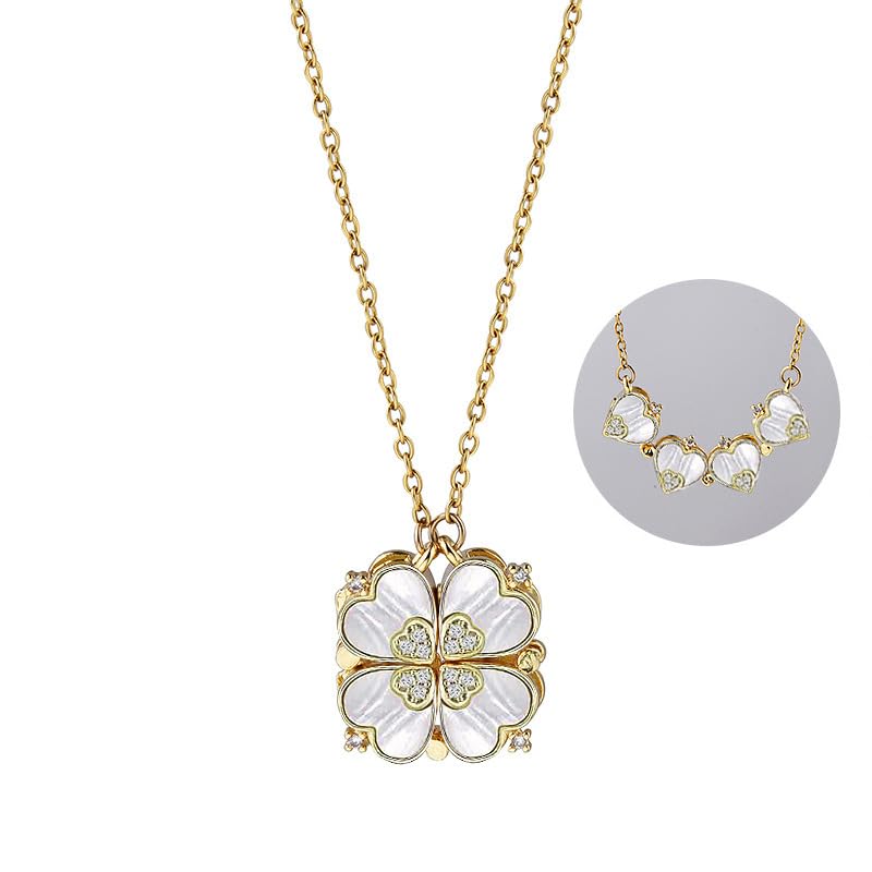 Four Leaf Clover Necklace Foldable for Women,Four Heart Grass Women's Necklaces Crocker,Retro Magnetic Folding Love Heart Pendant One Style,Two Wearing Methods - color: Gold