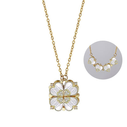 Four Leaf Clover Necklace Foldable for Women,Four Heart Grass Women's Necklaces Crocker,Retro Magnetic Folding Love Heart Pendant One Style,Two Wearing Methods - color: Gold