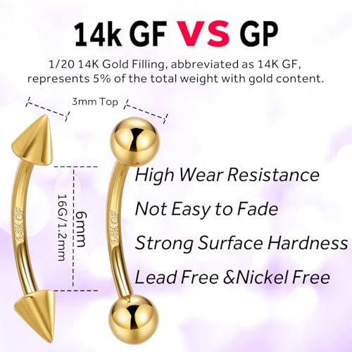 2 Pcs 14k Gold Filled Eyebrow Rings, 16G Threaded Rook Piercing Jewelry, Surgical Steel Vertical Lip Labret Belly Tongue Ring Daith Earring Curved Barbells - color: 6mm-2pcs Cone Top