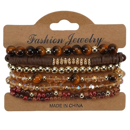 7Pcs Bohemia Multilayer Stackable Crystal Beaded Bracelet Set Multicolor Surfer Heishi Clay Gold Beaded Friendship Stretch Bracelets for Women Men Summer Beach Boho Vacation Jewelry Gifts - color: Brown
