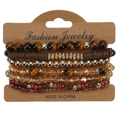 7Pcs Bohemia Multilayer Stackable Crystal Beaded Bracelet Set Multicolor Surfer Heishi Clay Gold Beaded Friendship Stretch Bracelets for Women Men Summer Beach Boho Vacation Jewelry Gifts - color: Brown