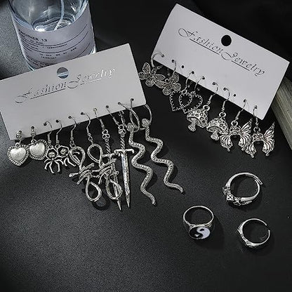 KISS WIFE Gothic Jewelry Set for Women, Necklace Earrings Rings Bracelet | Vintage silver-tone necklaces, earrings, rings and a chain bracelet feature snake, heart, butterfly and dagger designs.