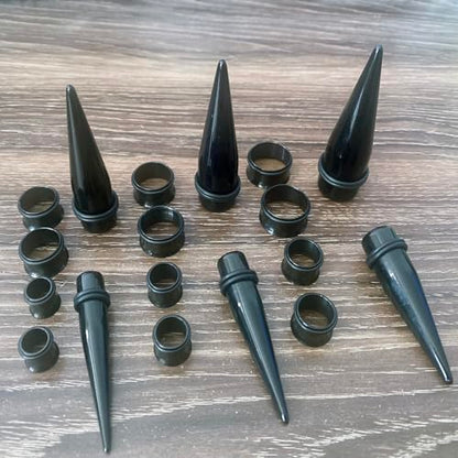 24PC Ear Gauge Stretching Kit Acrylic Tapers and Surgical Steel Tunnels Plugs 00G-20MM Gauge Stretching Kit - color: Black-Black