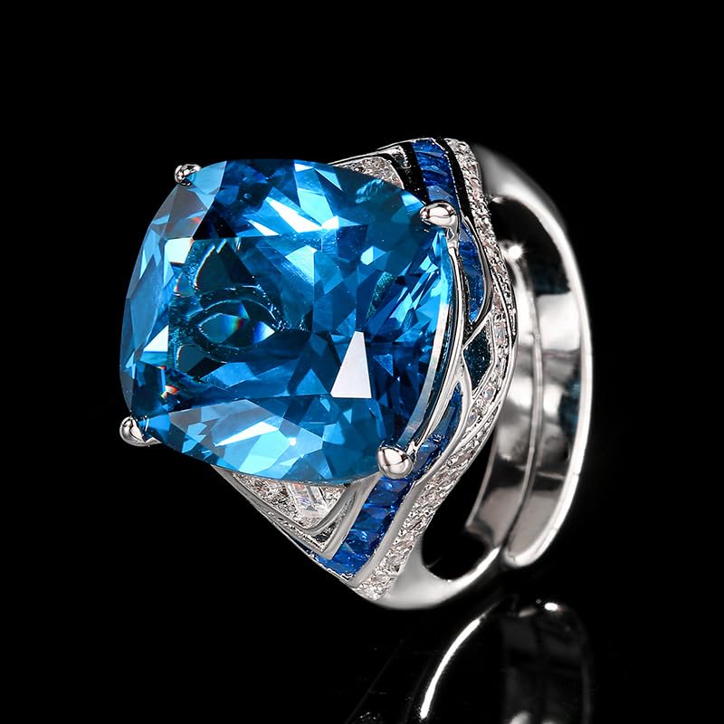 Cushion Gem Cocktail Ring For Women, 2 Colors Blue Red Trapezoid Side Crystal Adjustable Open Statement Evening Ring - color: blue