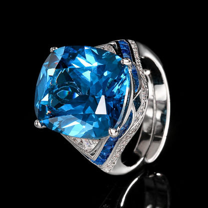 Cushion Gem Cocktail Ring For Women, 2 Colors Blue Red Trapezoid Side Crystal Adjustable Open Statement Evening Ring - color: blue