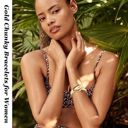 18K Gold Plated Wide Chunky Gold Cuff Bracelets for Women Chunky Bangle Bracelets Waterdrop Oval Irregular Trendy Wrist Wrap Bracelets Open Minimalist Thick Gold Wrist Cuff Bracelets - style: 18K Gold-A