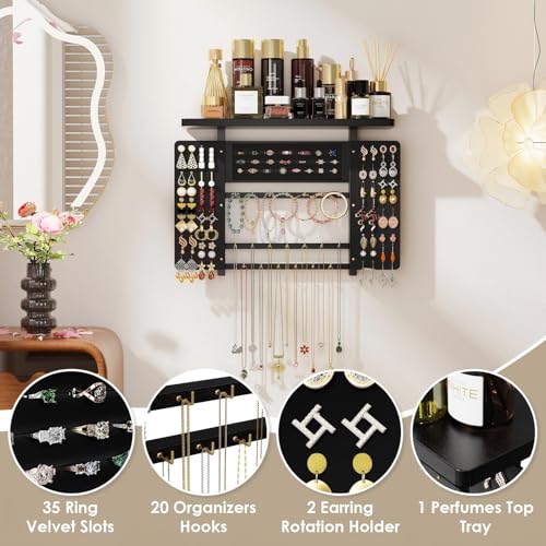 Emfogo Jewelry Organizer Hanging Wall Mounted Jewelry Holder, 5-in-1 Large Capacity Necklace Organizer Wall Display for Ring, Necklaces, Bracelets, Earrings(Black) - color: Black