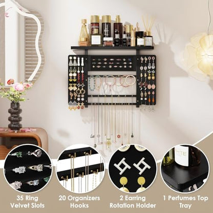 Emfogo Jewelry Organizer Hanging Wall Mounted Jewelry Holder, 5-in-1 Large Capacity Necklace Organizer Wall Display for Ring, Necklaces, Bracelets, Earrings(Black) - color: Black
