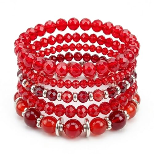 LOTSOF Boho Multilayer Beaded Bracelets Set for Women - Vintage Gold & Brown Stackable Stretch Bracelets, Bohemian Handmade Jewelry for Daily Style & Gifting - color: Red