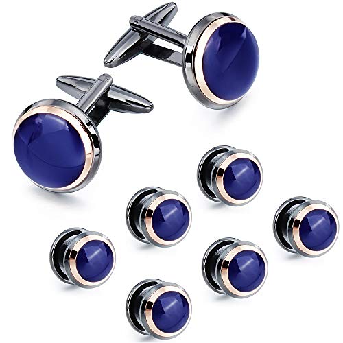 HAWSON Cufflinks and Studs for Men-Fashion Men Vintage Enamel Carbon Fiber Tuxedo Shirt Cufflinks and Studs Set for Regular Wedding Business Accessories - color: blue enamel