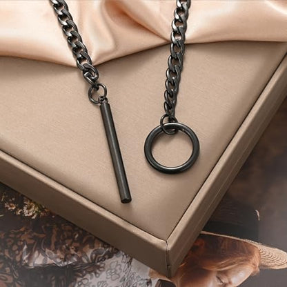 Slip Chain Necklace for Women Gothic Stainless Steel Bar Pendant Cuban Link Necklaces Adjustable Goth O Ring Long Necklaces Punk Rock Collar Choker Trendy Lariat Y Necklace - color: Black