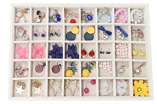 Stratalife 40 Grid Velvet Jewelry Organizer Tray, 13.8" x 9.4" x 1.2" | Stackable Drawer Earring Organizer with Adjustable Dividers, Jewelry Display Tray for Necklace Earring Ring Studs, Beige - color: Beige, size: 40
