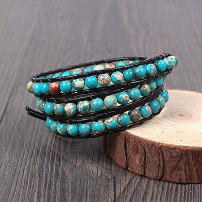 Boho Wrap Bead Bracelet for Women - Handmade Adjustable Natural Stone Beaded Bracelets Yoga Healing Bracelet Bangle Hippie Jewelry - color: Blue Emperor Stone