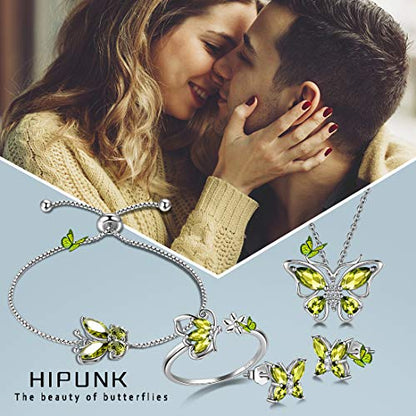 925 Sterling Silver Birthstone Butterfly Jewelry Women Crystal Animal Cute Butterflies Birthday Necklace/Earring/Ring/Bracelet Sets Birth Stone Statement Anniversary Jewellery - color: 3-H.August-Peridot