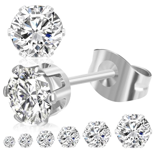 6 Pairs Stud Earrings for Women Men, Silver Gold Stainless Steel Studs Set | 3 4 5 6 7 8mm, Cubic Zirconia, 14K Gold Plated, Hypoallergenic, Flat Back Earrings for Sensitive Ears, Jewelry Gift Idea - color: Silver