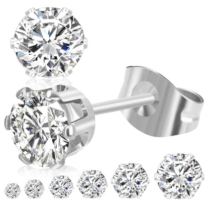 6 Pairs Stud Earrings for Women Men, Silver Gold Stainless Steel Studs Set | 3 4 5 6 7 8mm, Cubic Zirconia, 14K Gold Plated, Hypoallergenic, Flat Back Earrings for Sensitive Ears, Jewelry Gift Idea - color: Silver