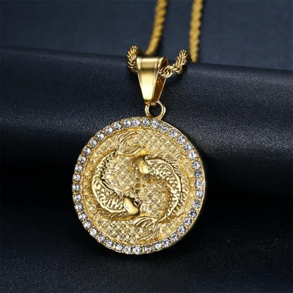 HIJONES Men's Women's Stainless Steel Zodiac Coin Embossed Necklace CZ Astrology Horoscope Pendant Necklace - color: Gold Pisces