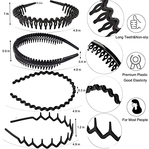 ULTIMUTE 8 PCS Fashion No Slip Effortless Plastic Headbands with Teeth Comb Black Skinny Headbands Hair Accessories Bands for Women Men Teen Girls, Classic Black Bright - color: Classic Black Bright