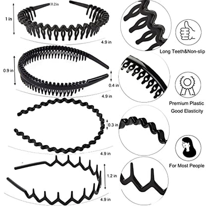 ULTIMUTE 8 PCS Fashion No Slip Effortless Plastic Headbands with Teeth Comb Black Skinny Headbands Hair Accessories Bands for Women Men Teen Girls, Classic Black Bright - color: Classic Black Bright