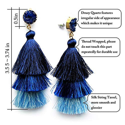 Me&Hz Colorful Layered Tassel Earrings Bohemian Statement Tiered Tassel Big Dangle Drop Earrings for Women Druzy Studs Valentine’s Day Gift - color: Blue ombre