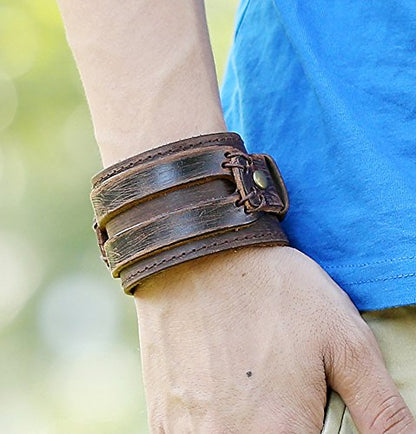 Leather Bracelet for Men Braided Stainless Steel Mens Bracelets - color: Brown 2