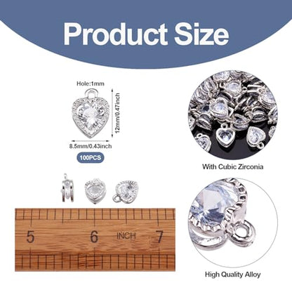 Beadthoven 100pcs Cubic Zirconia Alloy Charms Heart Shaped Platinum Pendants for Jewelry Making Choker Tiny Dangle Accessories - color: Platinum-Heart