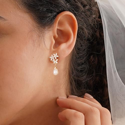 Plenky Pearl Earrings-14K Gold Plated Dainty Pearl Drop Simple Wedding CZ Dangle Dangling Cute Stud Earrings for Brides Earrings for Women Gifts - style: CZ flowers Pearl Earrings