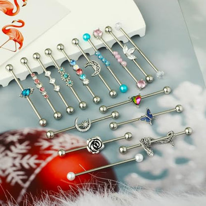 TIANCI FBYJS 7-16pcs 14G Stainless Steel Industrial Piercing Barbell Earring Cartilage Body Jewelry 38mm 1&1/2 Inch Industrial Piercing Bar for Women Men Snake Chain Dangle - color: silver new 16pcs