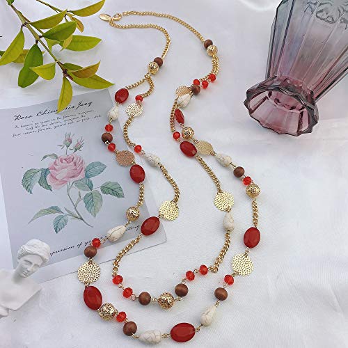Bocar Long Necklaces for Women Trendy, Boho Layered Crystal Beaded Collar Necklaces for Women, Fashion Statement Necklaces Jewelry - color: Red