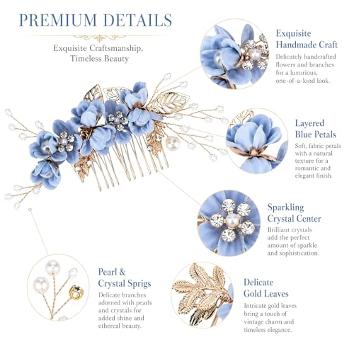 5 Pcs Blue Bridal Hair Comb and Hair Pins Set, Flower Wedding Hair Accessories with Rhinestones Pearls for Bride Bridesmaids Prom Party