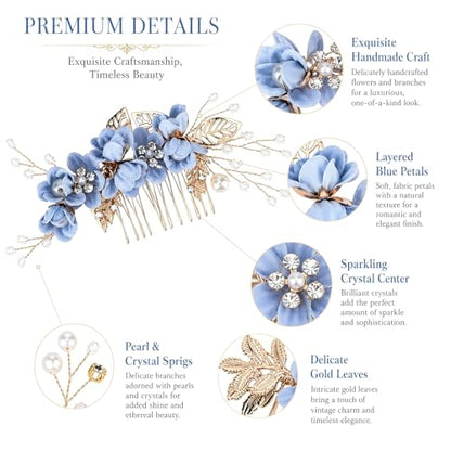 5 Pcs Blue Bridal Hair Comb and Hair Pins Set, Flower Wedding Hair Accessories with Rhinestones Pearls for Bride Bridesmaids Prom Party