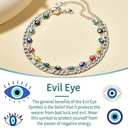 Supcare Evil Eye Anklets for Women,Cuban/Figaro/Mariner/Snake Chain Layered Ankle Bracelet Gifts (with Gift Packing) - color: 02-layered curb steel