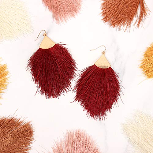 Bohemian Silky Thread Fan Fringe Tassel Statement Earrings - Lightweight Strand Feather Shape Dangles - color: Feather Fringe - Burgundy